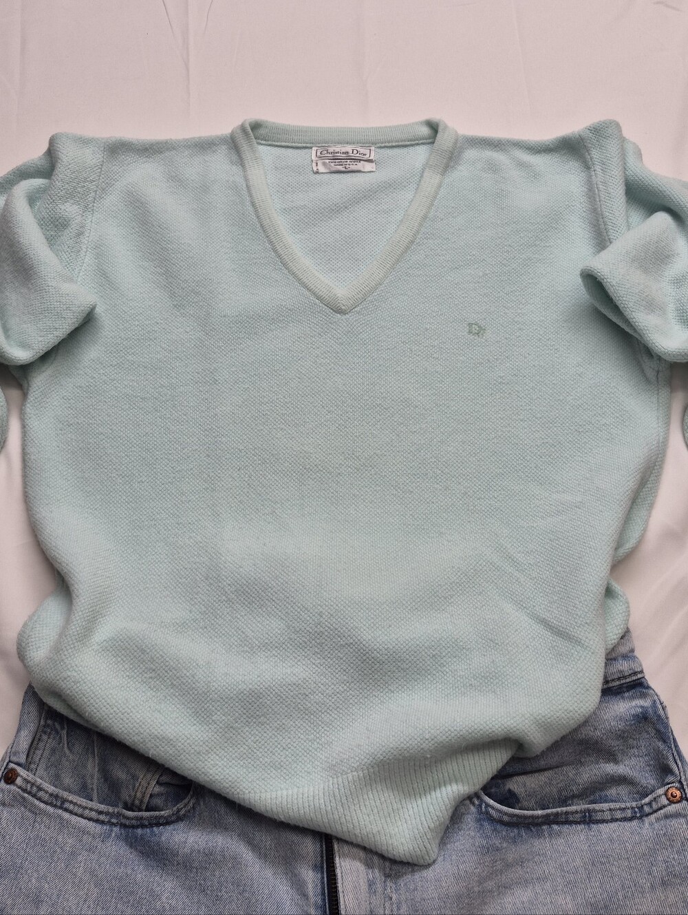 Vintage Christian Dior | Mint Green V-Neck 100% Orlon Sweater | Made In USA